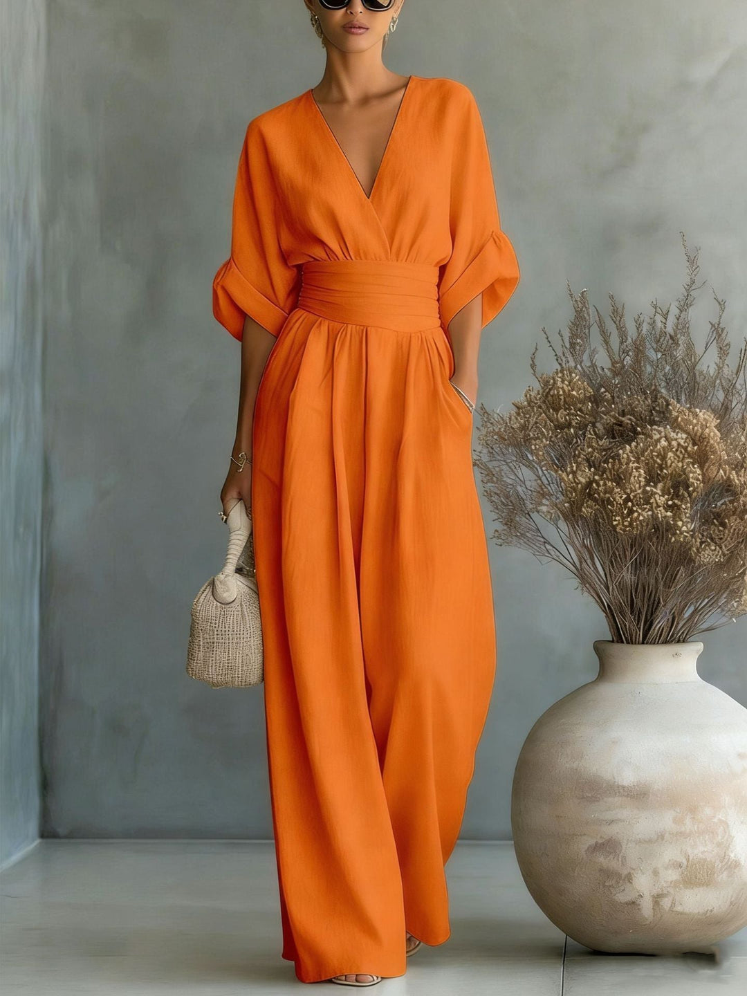 Abito Elegante a V, Schiena Nuda e Maniche Fluide - Maison Claire e Sylvie