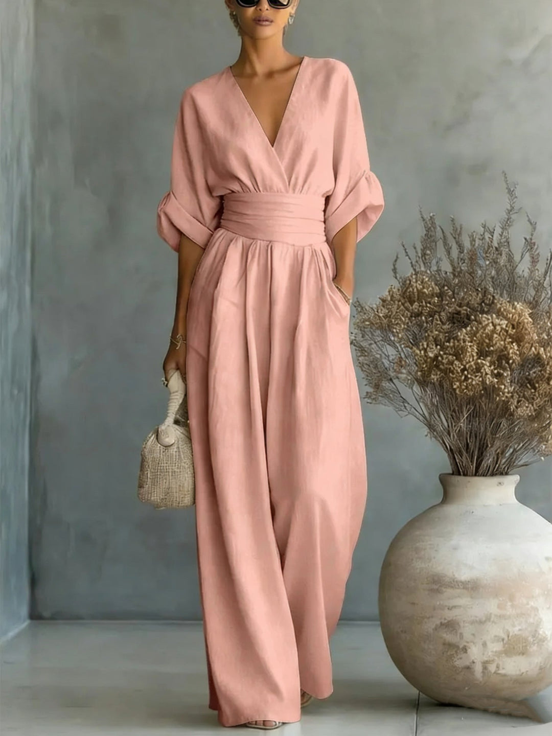 Abito Elegante a V, Schiena Nuda e Maniche Fluide - Maison Claire e Sylvie
