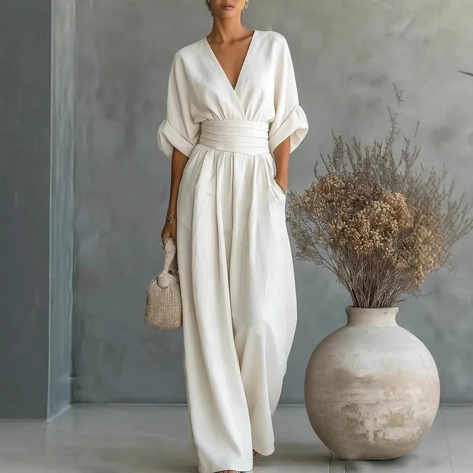 Abito Elegante a V, Schiena Nuda e Maniche Fluide - Maison Claire e Sylvie