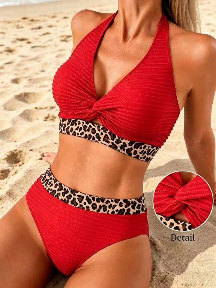 Bikini a Righe Leopardato con Blocco di Colore
