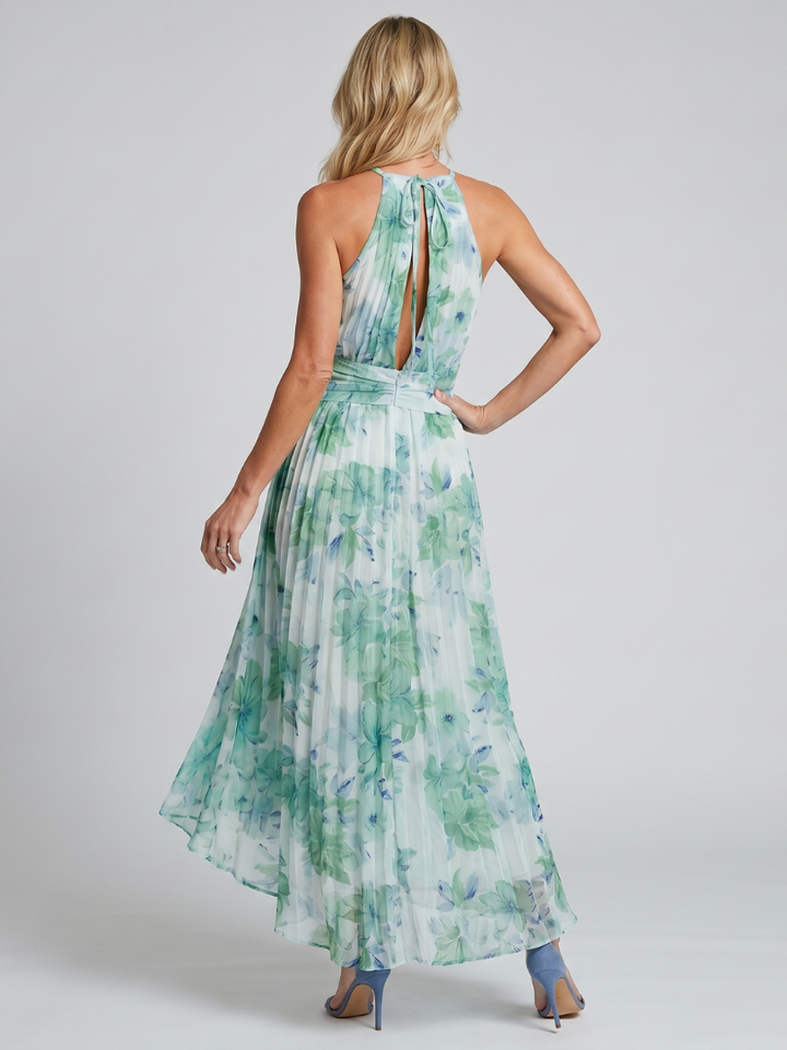 Robe Midi Portia in Crêpe Plissé con Collo Halter e Stampa Floreale