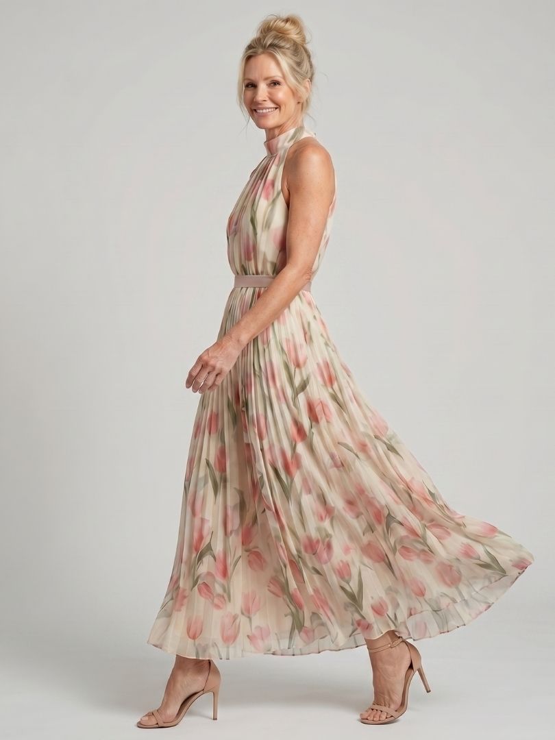 Aurelle | Abito Midi a Fiori con Collo Halter