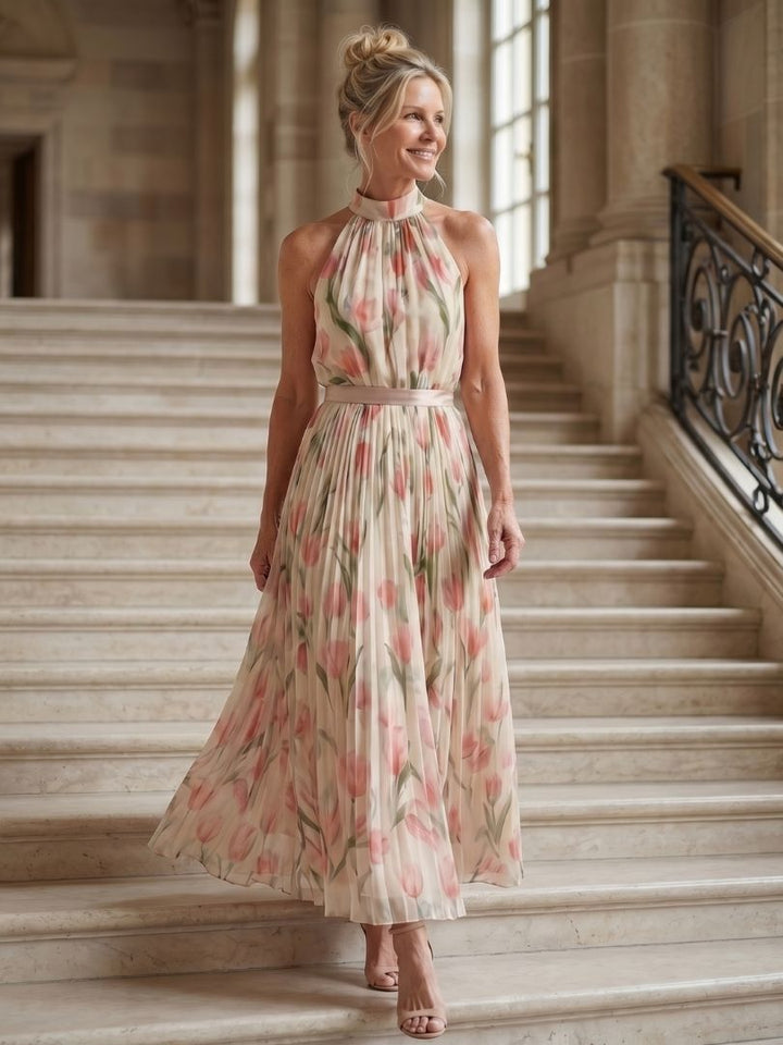 Aurelle | Abito Midi a Fiori con Collo Halter
