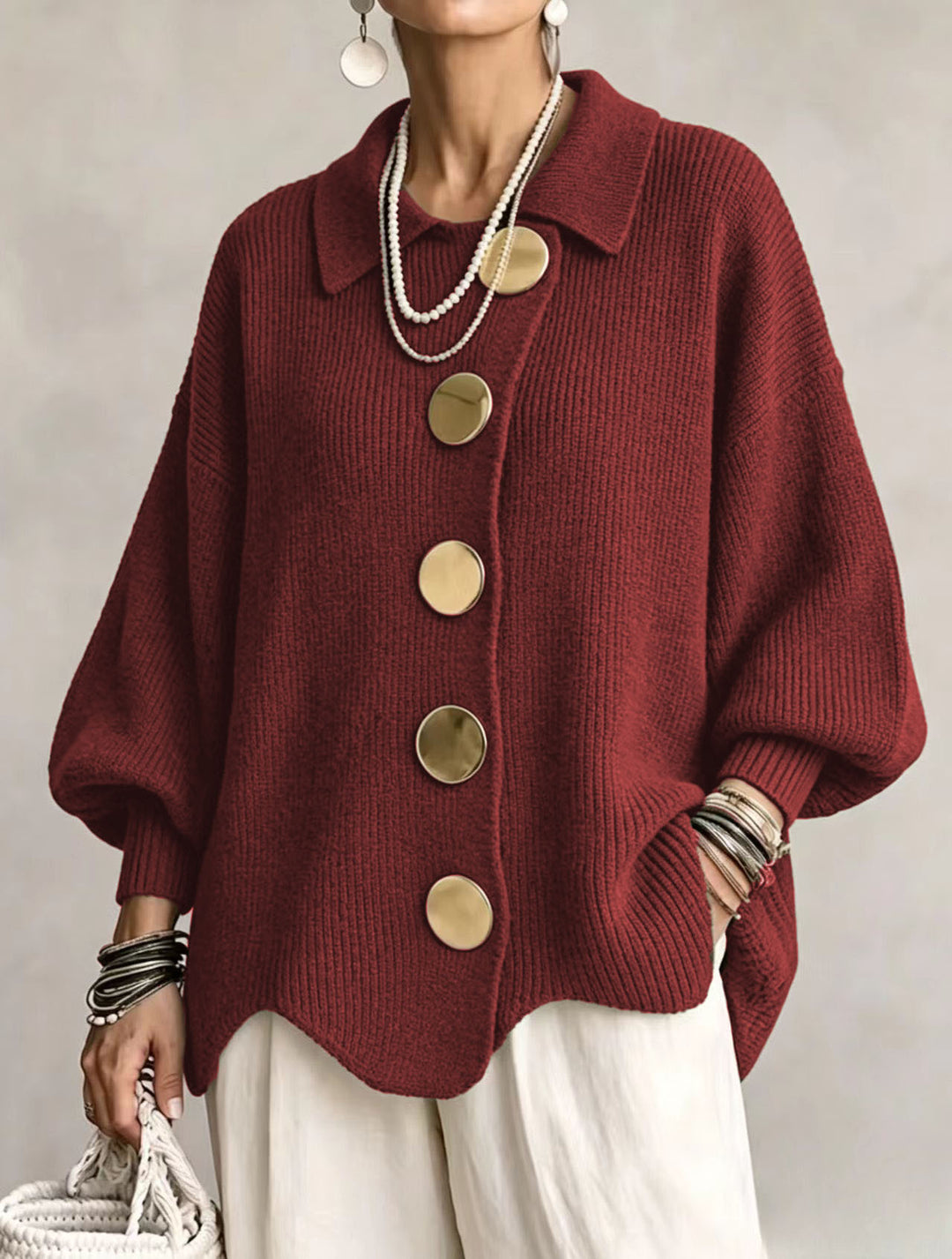 Isadora™ | Cardigan Oversize con Collo e Grandi Bottoni in Metallo