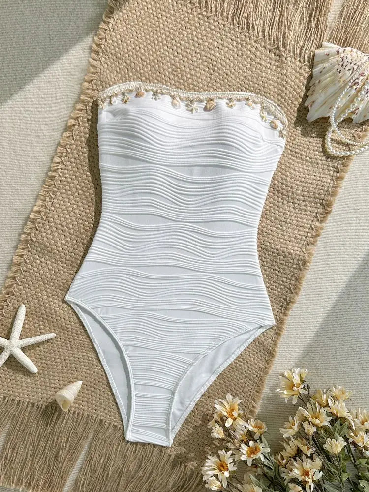 Costume da Bagno Intero con Controllo della Pancia e Rifinitura a Perle