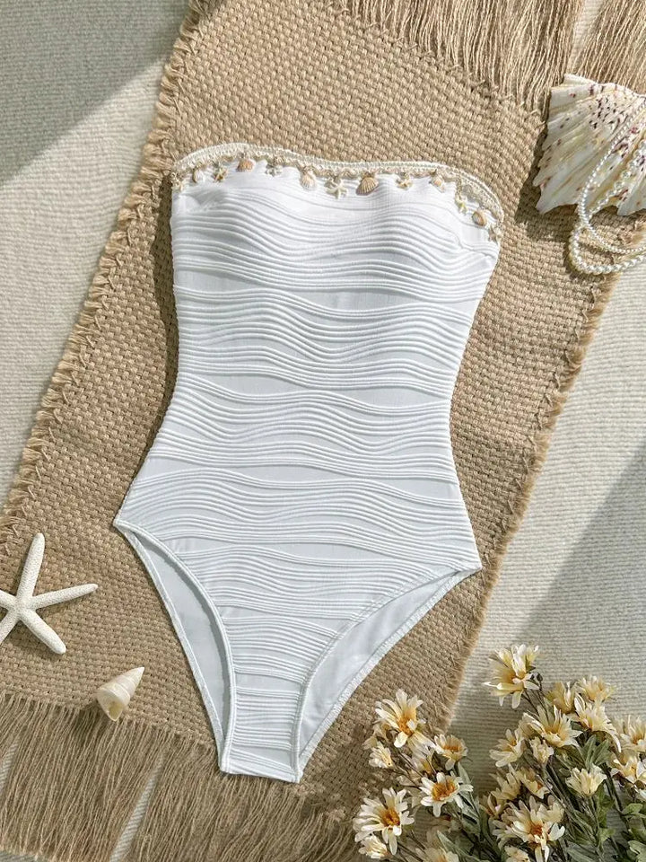 Costume da Bagno Intero con Controllo della Pancia e Rifinitura a Perle