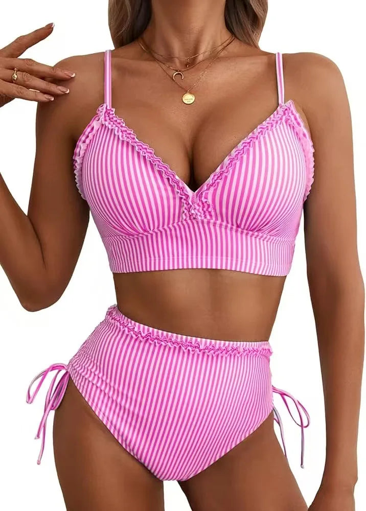 Bikini con Bordo a Righe e Controllo della Pancia