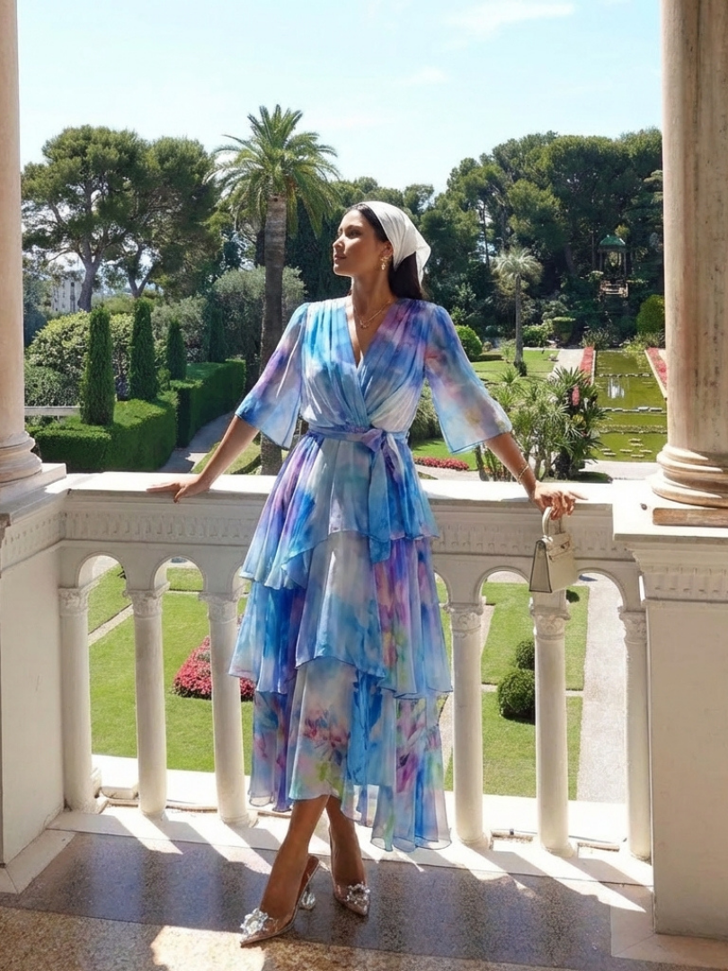 Calista | Abito maxi trasparente con scollatura a V e cintura annodata