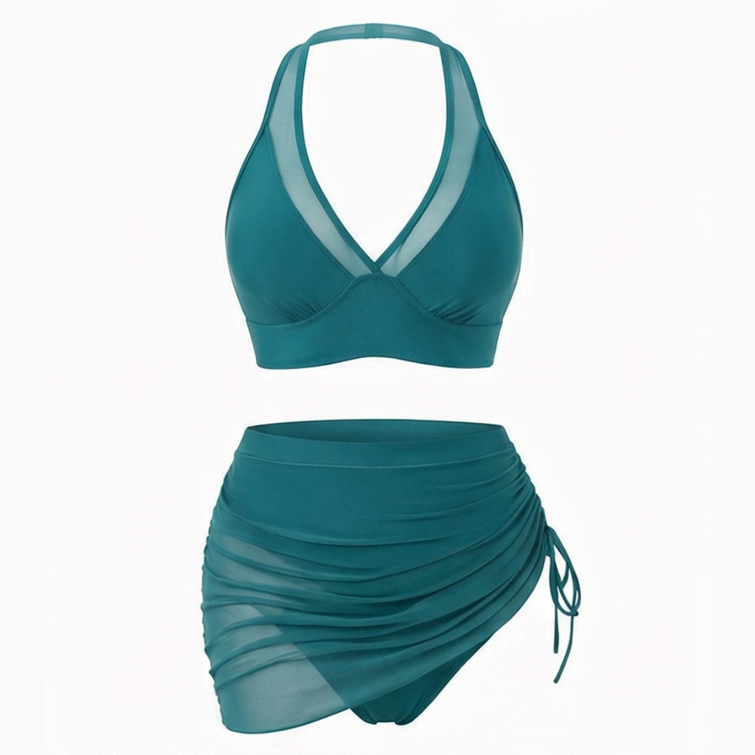 Marella™ – Set Bikini a Vita Alta in Rete con Gonna Arricciata