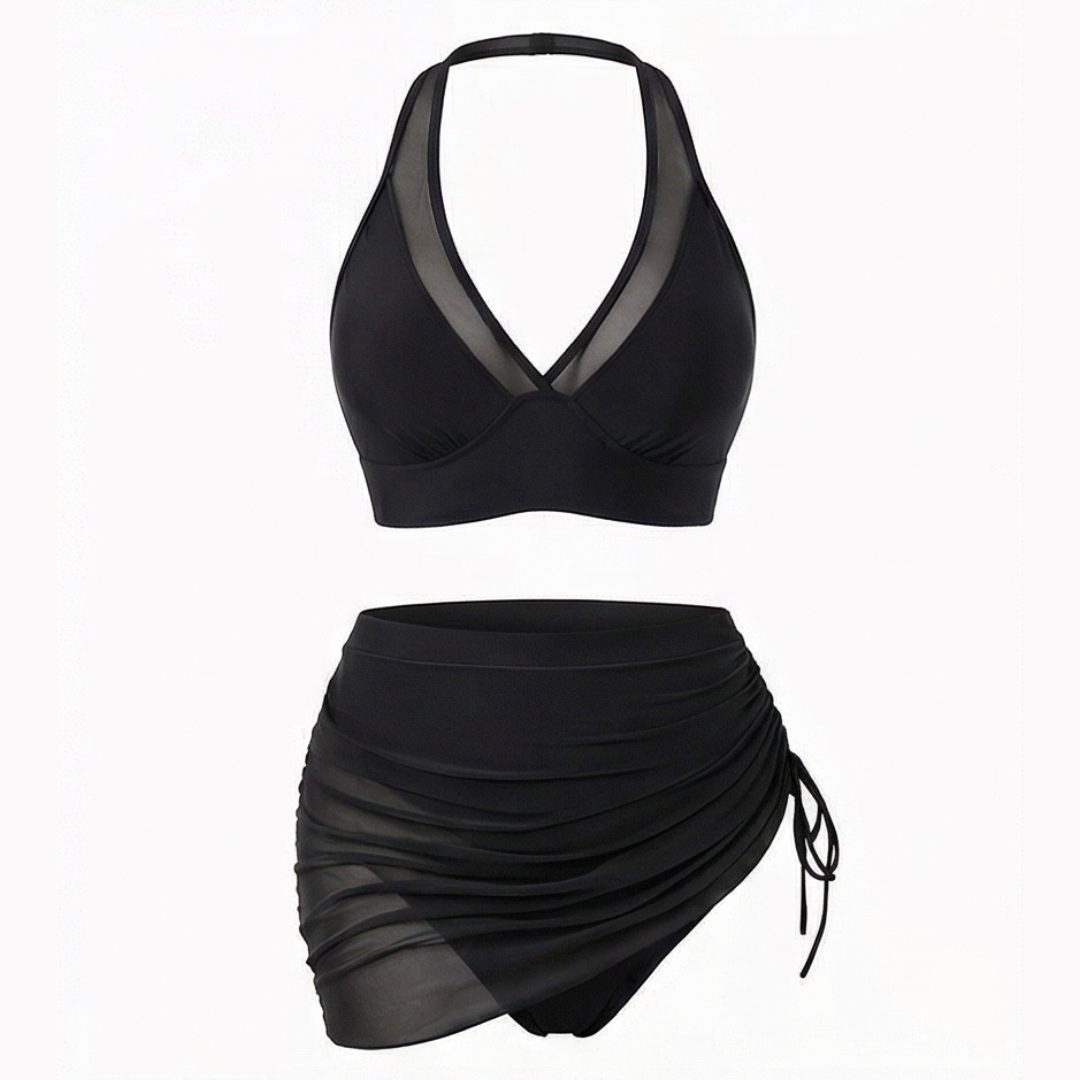 Marella™ – Set Bikini a Vita Alta in Rete con Gonna Arricciata