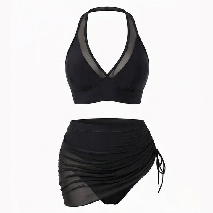Marella™ – Set Bikini a Vita Alta in Rete con Gonna Arricciata