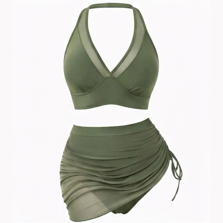 Marella™ – Set Bikini a Vita Alta in Rete con Gonna Arricciata