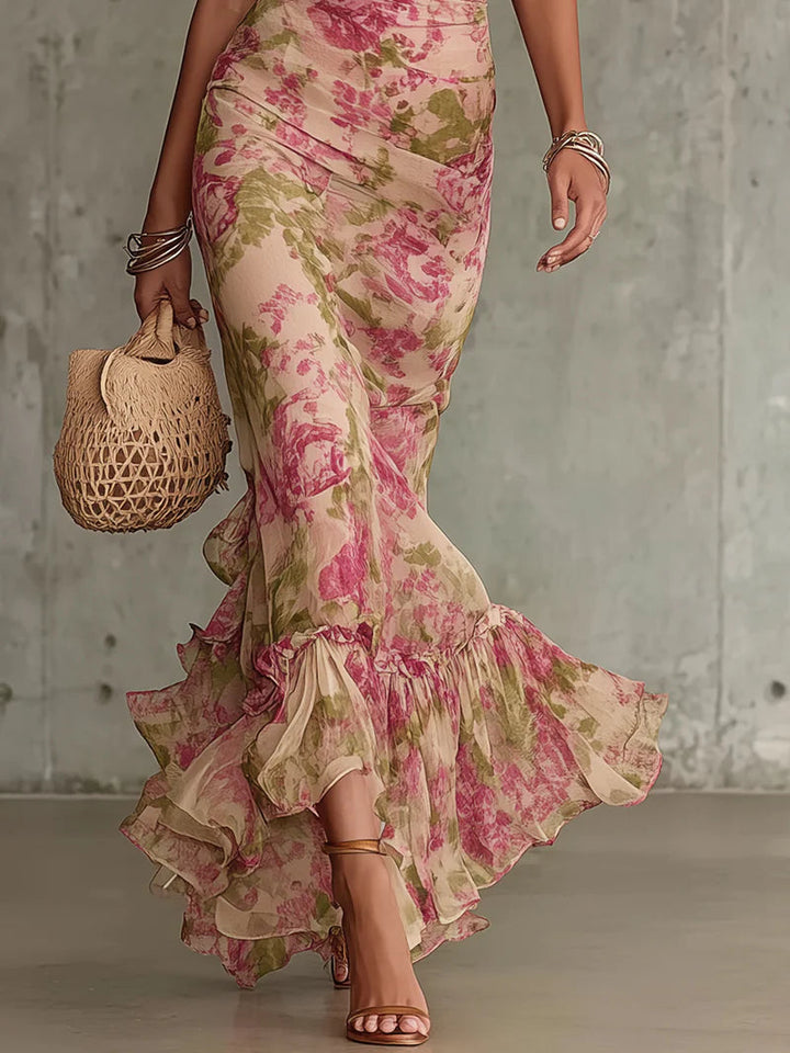 Fiora ∙ Vestito lungo con stampa vintage di rose e maniche a sbuffo