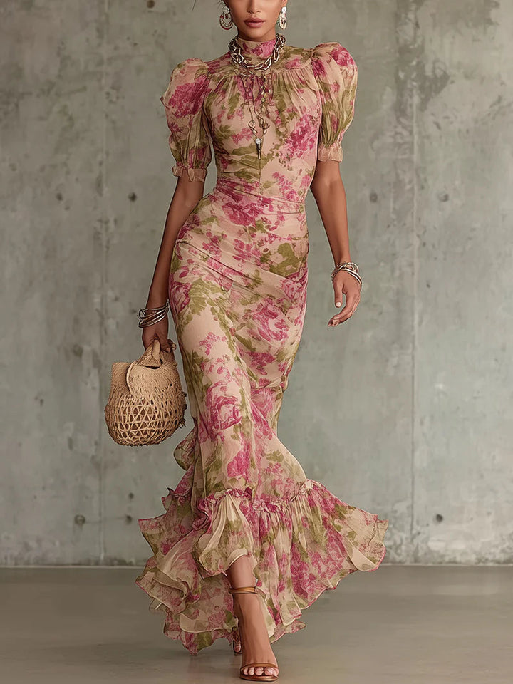 Fiora ∙ Vestito lungo con stampa vintage di rose e maniche a sbuffo