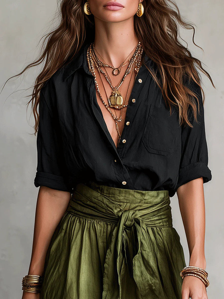 RIVER | Set Due Pezzi: Top Nero e Gonna Midi Verde Oliva