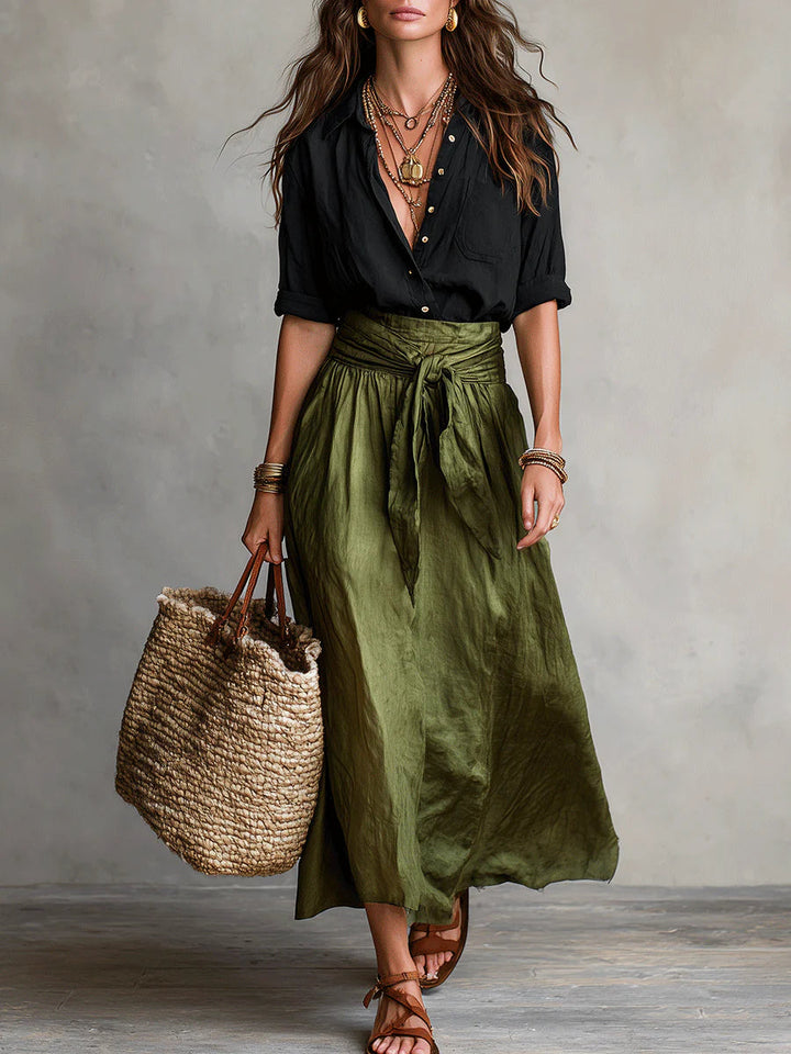 RIVER | Set Due Pezzi: Top Nero e Gonna Midi Verde Oliva
