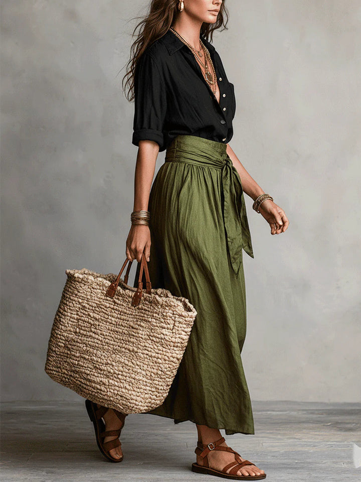 RIVER | Set Due Pezzi: Top Nero e Gonna Midi Verde Oliva