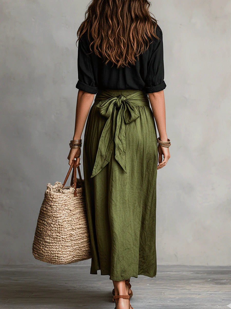 RIVER | Set Due Pezzi: Top Nero e Gonna Midi Verde Oliva