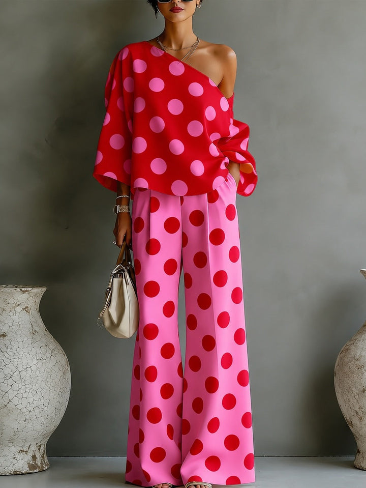 Top Off-shoulder a Pois Rosa Retro e Pantaloni a Gamba Larga Set Due Pezzi