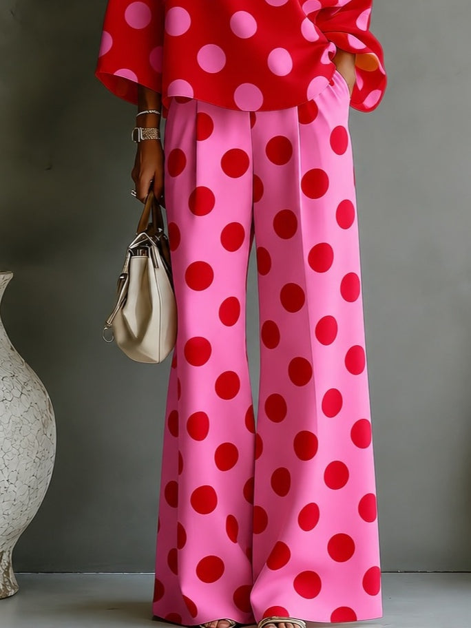 Top Off-shoulder a Pois Rosa Retro e Pantaloni a Gamba Larga Set Due Pezzi