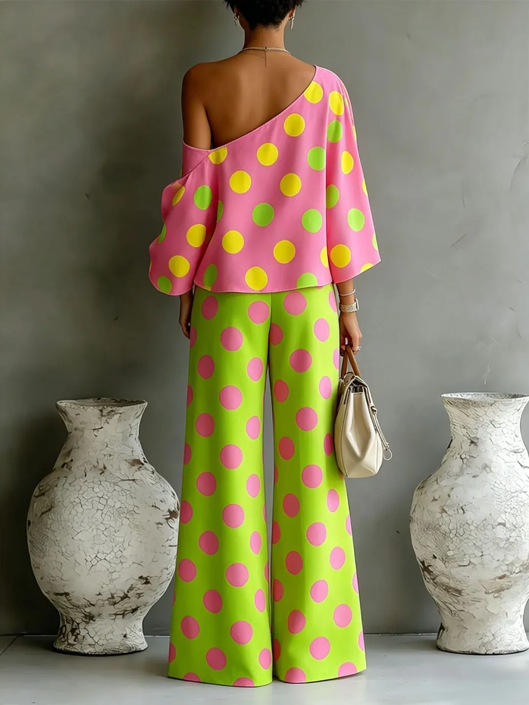 Top off-shoulder a pois colorati e pantaloni a gamba larga due pezzi