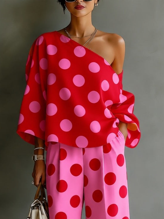 Top Off-shoulder a Pois Rosa Retro e Pantaloni a Gamba Larga Set Due Pezzi