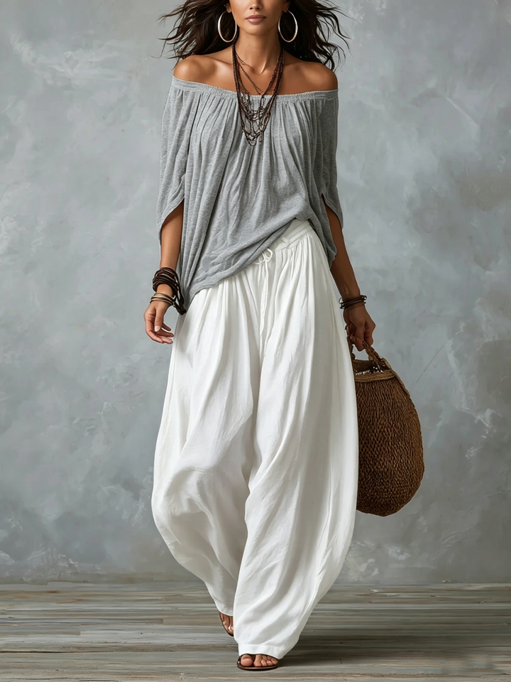 Top Grigio Off-shoulder e Pantaloni Lantern Bianchi Comodi