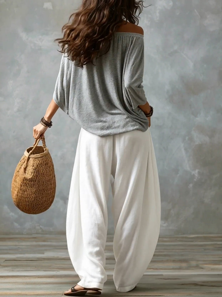 Top Bianco Off-the-shoulder e Set di Pantaloni a Lanternina Comodi