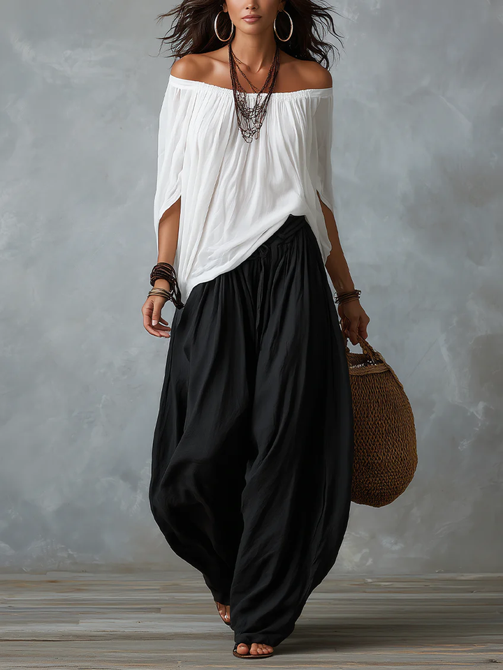 Top Bianco Off-the-shoulder e Set di Pantaloni a Lanternina Comodi