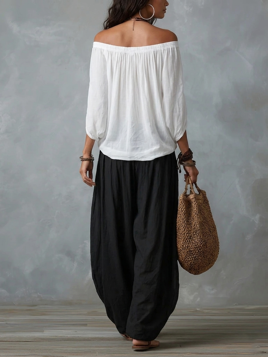 Top Bianco Off-the-shoulder e Set di Pantaloni a Lanternina Comodi