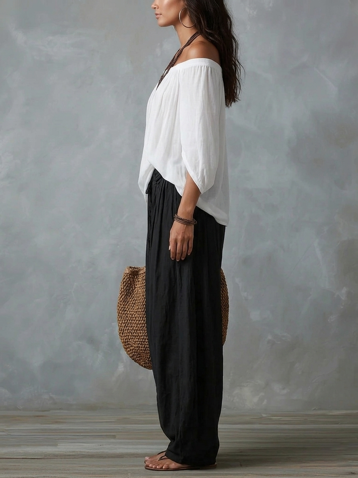 Top Bianco Off-the-shoulder e Set di Pantaloni a Lanternina Comodi