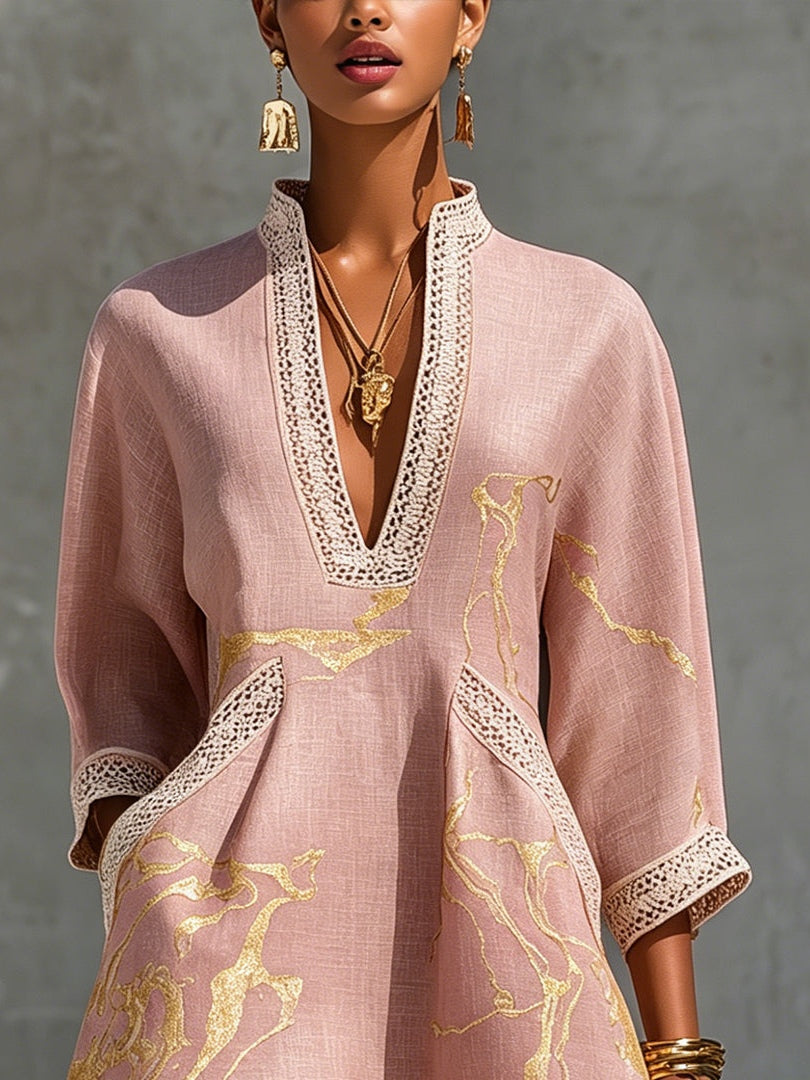 Abito Mini in Pizzo all'Uncinetto V-scollo in Oro Rosa