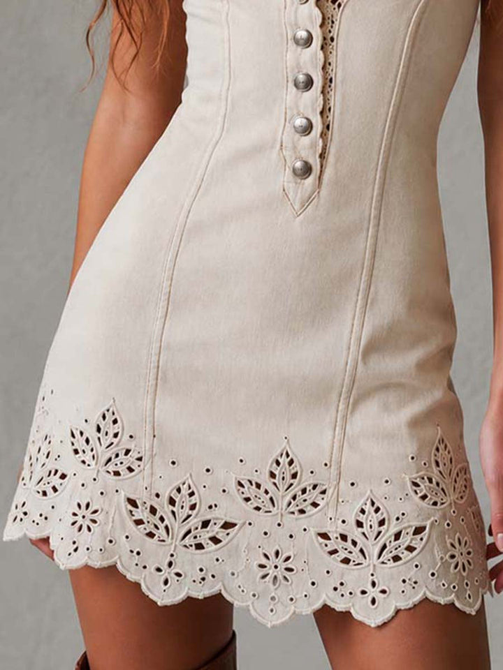 Abito Mini in Pizzo Hollowed-out V-collo Retro Avorio