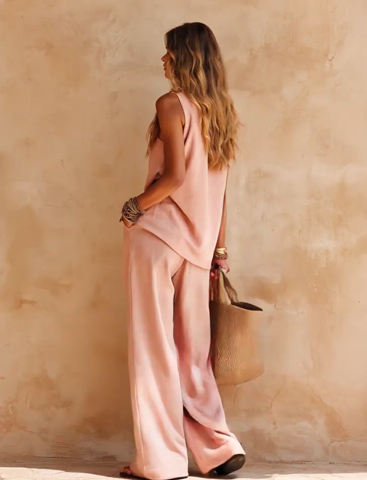 Set Casual Top Senza Maniche a Spalla Unica e Pantaloni Rosa