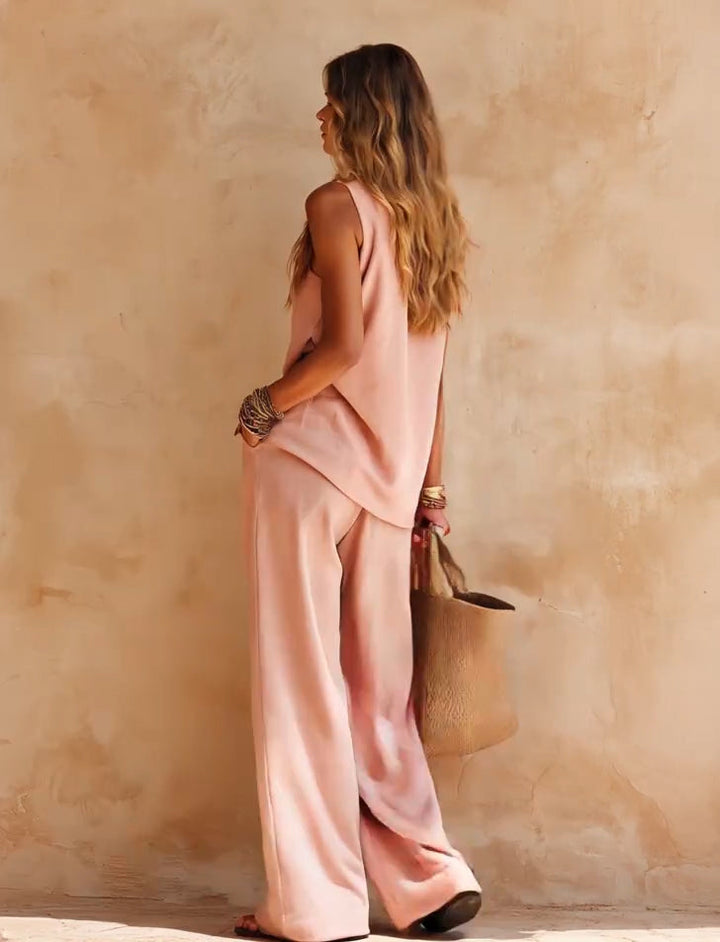 Set Casual Top Senza Maniche a Spalla Unica e Pantaloni Rosa