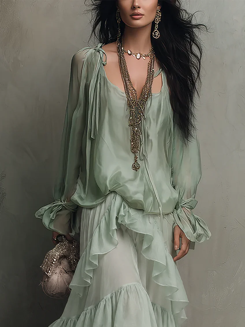 Top in Chiffon Verde Menta con Volant Abbinato a un Set di Gonna a Strati