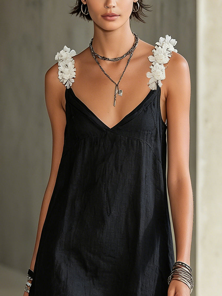Abito Mini con Spalline Floreali e Scollatura a V Nera