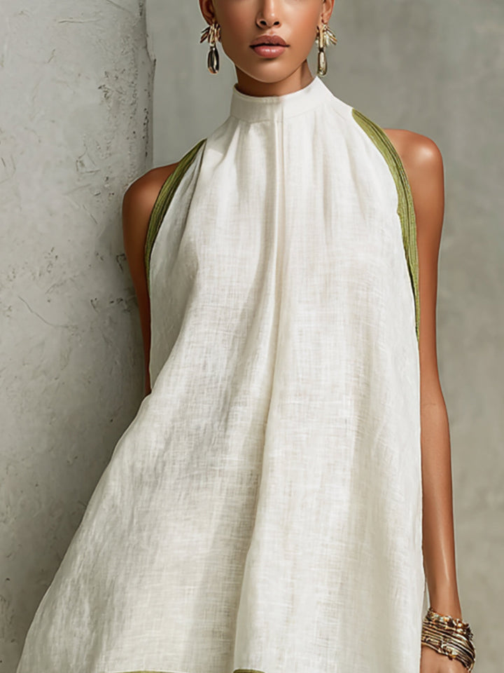 Abito Mini A-Line Senza Maniche Bianco e Verde Oliva a Fiori