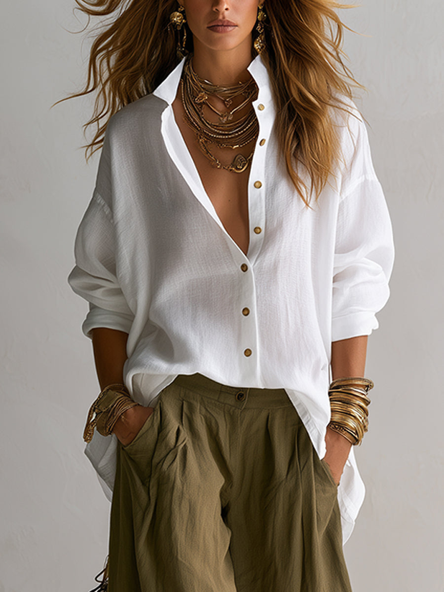 Camicia Bianca Larga e Pantaloni Lantern Verde a Gamba Larga