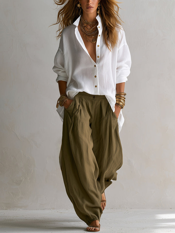 Camicia Bianca Larga e Pantaloni Lantern Verde a Gamba Larga