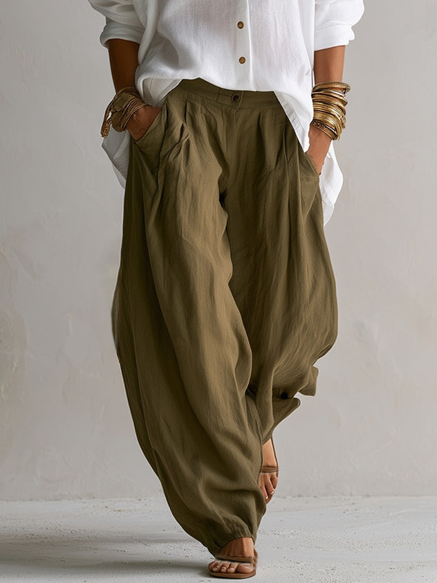 Camicia Bianca Larga e Pantaloni Lantern Verde a Gamba Larga