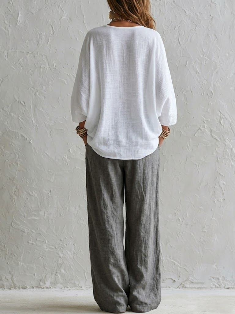 Completo con Top Bianco Lungo e Pantaloni Grigi a Vita Elastica a Gamba Larga