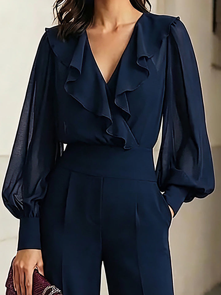 Set di Top in Chiffon Ruffle Blu Navy e Pantaloni a Gamba Larga