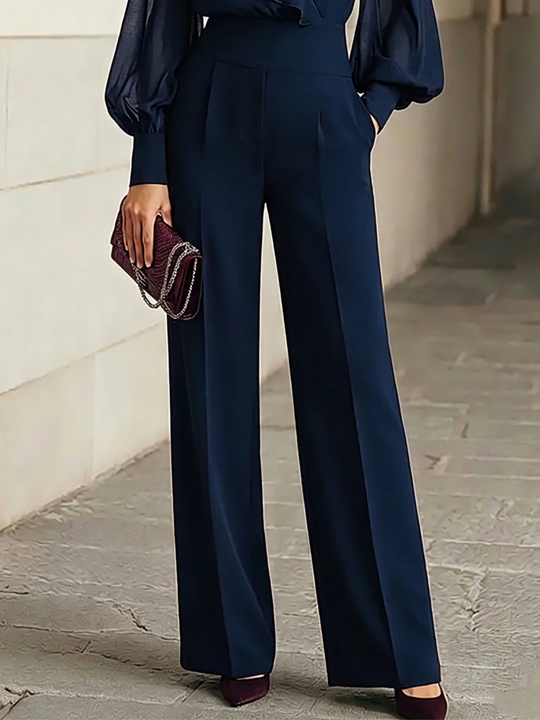 Set di Top in Chiffon Ruffle Blu Navy e Pantaloni a Gamba Larga