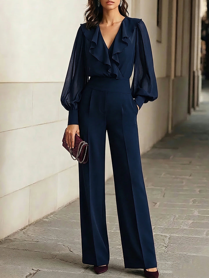 Set di Top in Chiffon Ruffle Blu Navy e Pantaloni a Gamba Larga