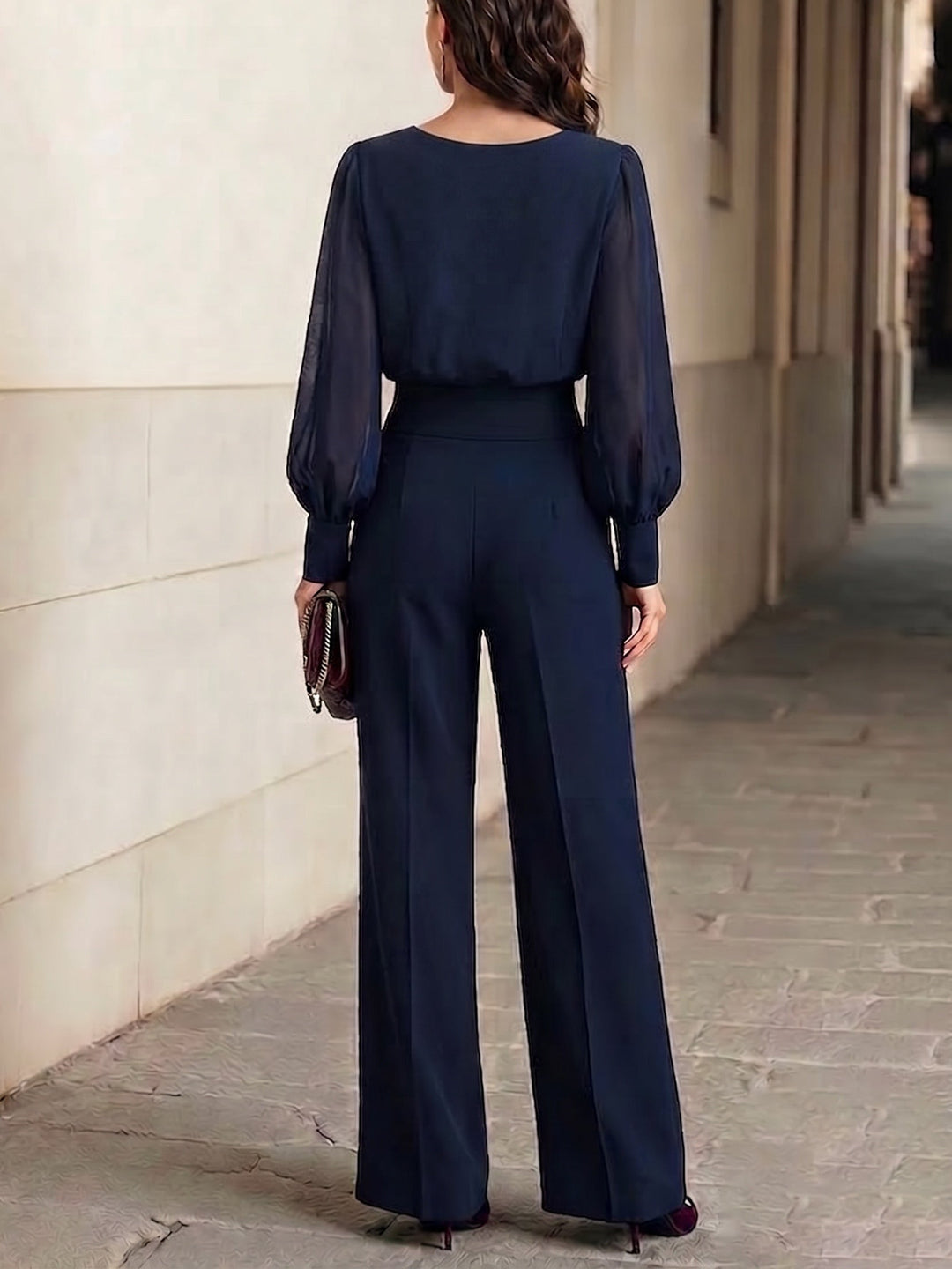 Set di Top in Chiffon Ruffle Blu Navy e Pantaloni a Gamba Larga