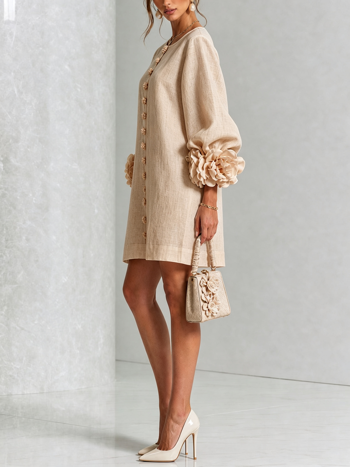 Abito Mini Button-down Beige a Fiori con Maniche Floreali Stravaganti
