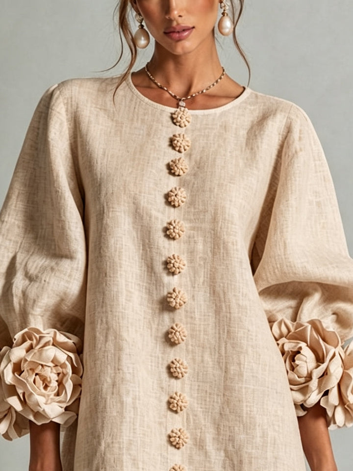 Abito Mini Button-down Beige a Fiori con Maniche Floreali Stravaganti