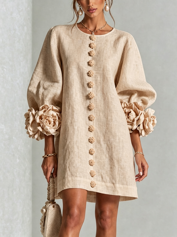 Abito Mini Button-down Beige a Fiori con Maniche Floreali Stravaganti