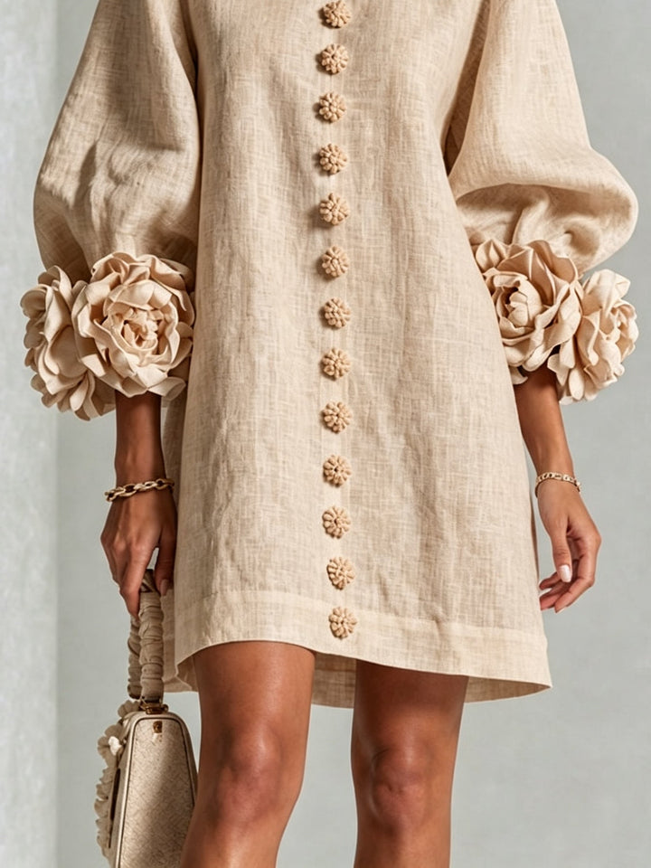 Abito Mini Button-down Beige a Fiori con Maniche Floreali Stravaganti